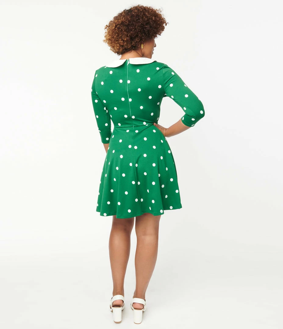 Sale Unique Vintage Green & White Polka Dot Collared Wednesday Flare Dress