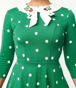 Sale Unique Vintage Green & White Polka Dot Collared Wednesday Flare Dress