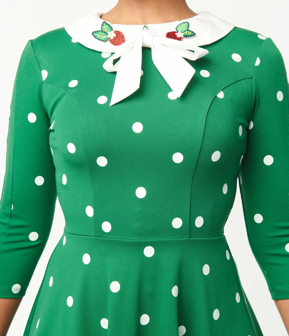 Sale Unique Vintage Green & White Polka Dot Collared Wednesday Flare Dress