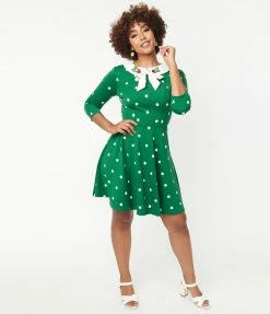 Sale Unique Vintage Green & White Polka Dot Collared Wednesday Flare Dress