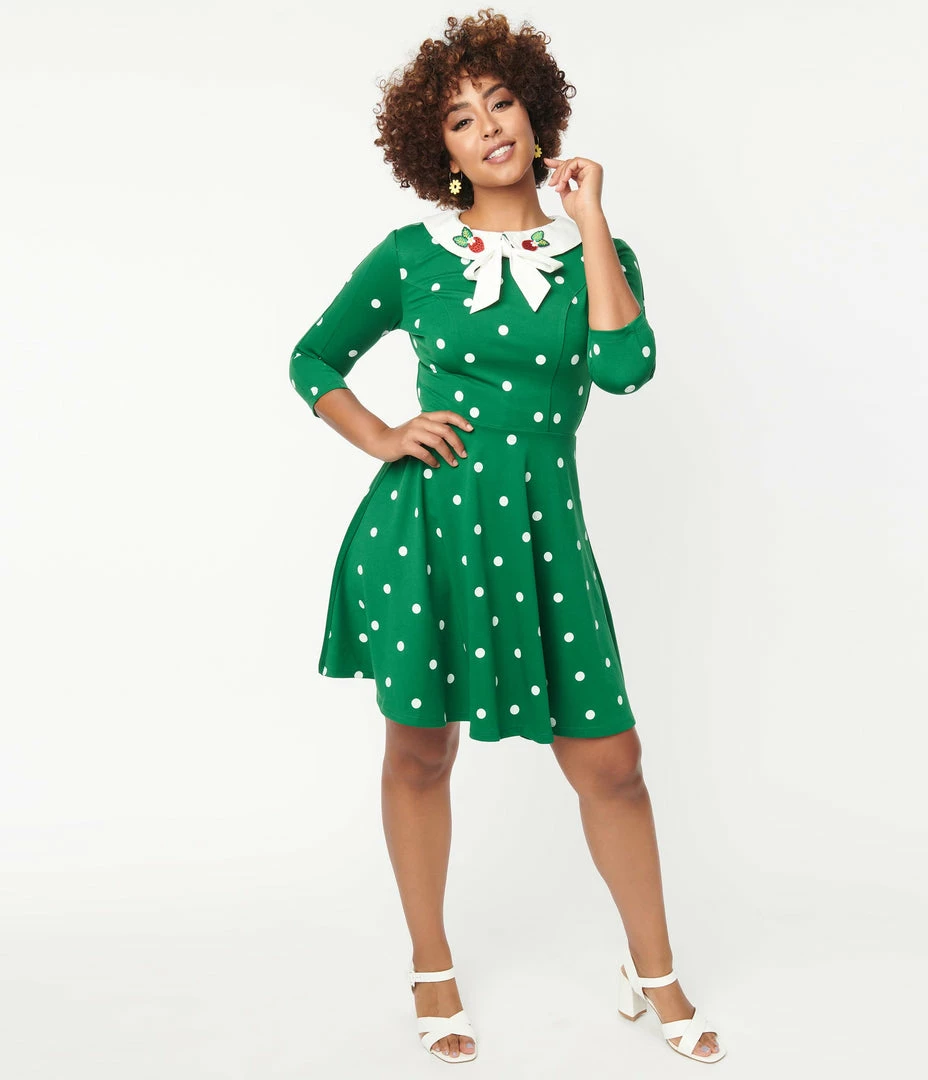 Sale Unique Vintage Green & White Polka Dot Collared Wednesday Flare Dress