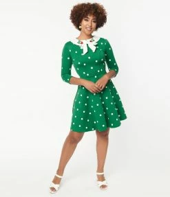 Sale Unique Vintage Green & White Polka Dot Collared Wednesday Flare Dress