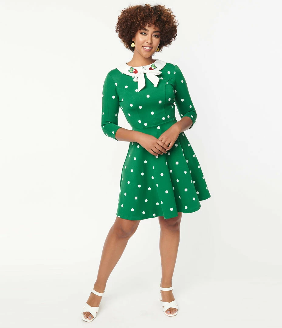 Sale Unique Vintage Green & White Polka Dot Collared Wednesday Flare Dress