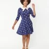 Unique Vintage Navy & Strawberry Collared Wednesday Flare Dress