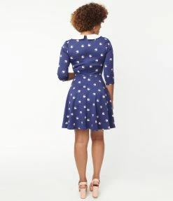 Unique Vintage Navy & Strawberry Collared Wednesday Flare Dress