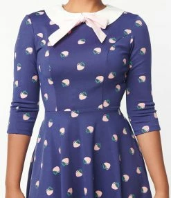 Unique Vintage Navy & Strawberry Collared Wednesday Flare Dress