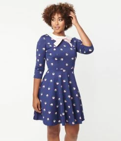 Unique Vintage Navy & Strawberry Collared Wednesday Flare Dress