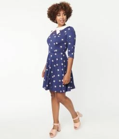 Unique Vintage Navy & Strawberry Collared Wednesday Flare Dress