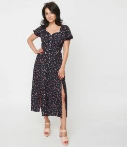 Sale Unique Vintage Black & Heart Print Wild Hearts Run Free Midi Dress