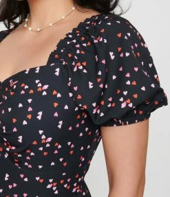 Sale Unique Vintage Black & Heart Print Wild Hearts Run Free Midi Dress