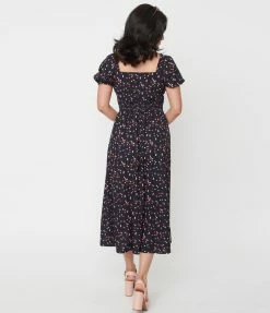 Sale Unique Vintage Black & Heart Print Wild Hearts Run Free Midi Dress