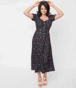 Sale Unique Vintage Black & Heart Print Wild Hearts Run Free Midi Dress