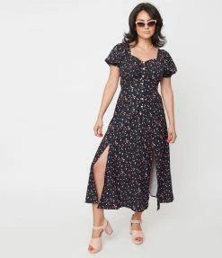 Sale Unique Vintage Black & Heart Print Wild Hearts Run Free Midi Dress