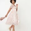 Unique Vintage Light Pink & Floral Embroidered Libby Swing Dress