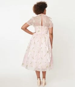 Unique Vintage Light Pink & Floral Embroidered Libby Swing Dress