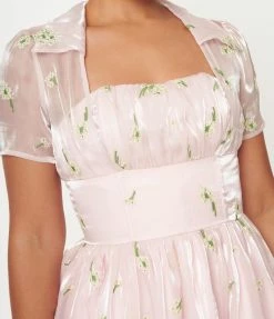 Unique Vintage Light Pink & Floral Embroidered Libby Swing Dress