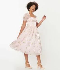 Unique Vintage Light Pink & Floral Embroidered Libby Swing Dress