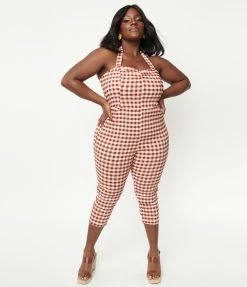 Unique Vintage Plus Size Rust Red Gingham Halter Marcel Jumpsuit Rompers & Jumpsuits
