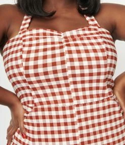 Unique Vintage Plus Size Rust Red Gingham Halter Marcel Jumpsuit Rompers & Jumpsuits
