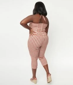 Unique Vintage Plus Size Rust Red Gingham Halter Marcel Jumpsuit Rompers & Jumpsuits