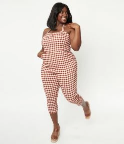 Unique Vintage Plus Size Rust Red Gingham Halter Marcel Jumpsuit Rompers & Jumpsuits