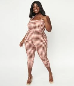 Unique Vintage Plus Size Rust Red Gingham Halter Marcel Jumpsuit Rompers & Jumpsuits