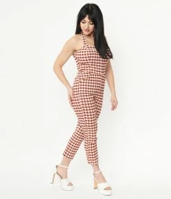 Sale Unique Vintage Rust Red Gingham Halter Marcel Jumpsuit