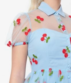 Sale Unique Vintage Blue & Red Embroidered Cherry Hollie Swing Dress