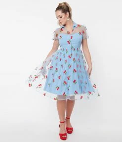Sale Unique Vintage Blue & Red Embroidered Cherry Hollie Swing Dress