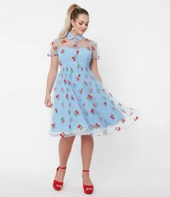 Sale Unique Vintage Blue & Red Embroidered Cherry Hollie Swing Dress