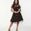 Sale Unique Vintage Black & Red Embroidered Cherry Hollie Swing Dress