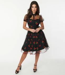 Sale Unique Vintage Black & Red Embroidered Cherry Hollie Swing Dress