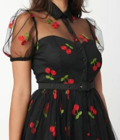 Sale Unique Vintage Black & Red Embroidered Cherry Hollie Swing Dress