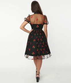 Sale Unique Vintage Black & Red Embroidered Cherry Hollie Swing Dress
