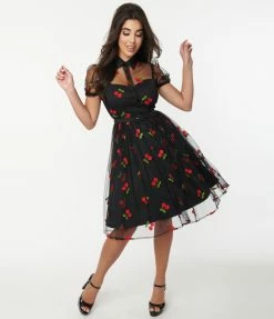 Sale Unique Vintage Black & Red Embroidered Cherry Hollie Swing Dress