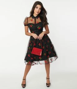 Sale Unique Vintage Black & Red Embroidered Cherry Hollie Swing Dress
