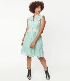 Unique Vintage Mint Lace Sweet Delight Fit & Flare Dress Sale