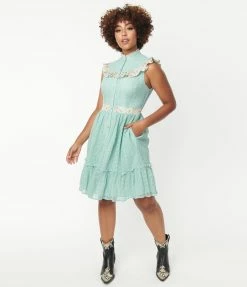 Unique Vintage Mint Lace Sweet Delight Fit & Flare Dress Sale