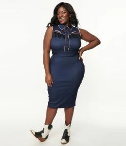 New Arrivals! Unique Vintage Plus Size 1950s Blue Denim Western Fringe Wiggle Dress