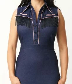 New Arrivals! Unique Vintage 1950s Blue Denim Western Fringe Wiggle Dress