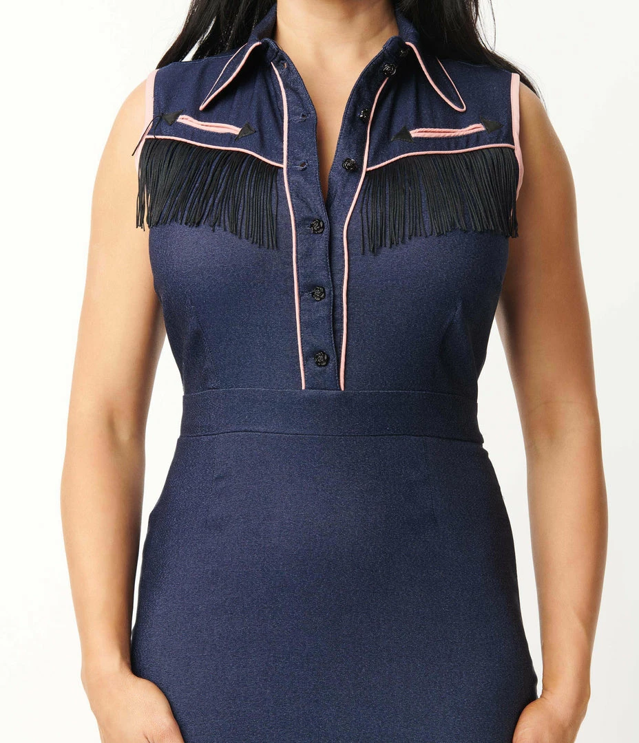 New Arrivals! Unique Vintage 1950s Blue Denim Western Fringe Wiggle Dress