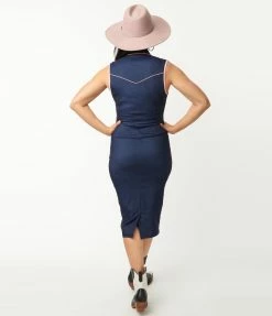 New Arrivals! Unique Vintage 1950s Blue Denim Western Fringe Wiggle Dress