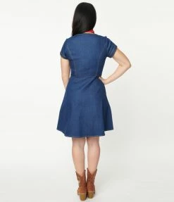Sale Unique Vintage Blue Denim Always Happening Fit & Flare Dress