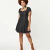 Unique Vintage Black Denim Always Happening Fit & Flare Dress Sale