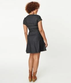 Unique Vintage Black Denim Always Happening Fit & Flare Dress Sale