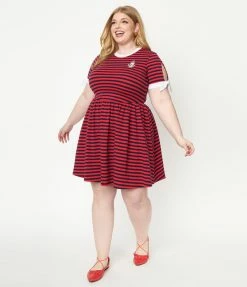 Fan Flair Popeye X Unique Vintage Plus Size Red & Navy Popeye Stripe Flare Dress