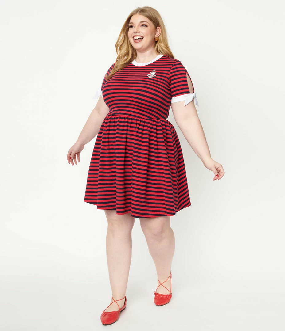 Fan Flair Popeye X Unique Vintage Plus Size Red & Navy Popeye Stripe Flare Dress