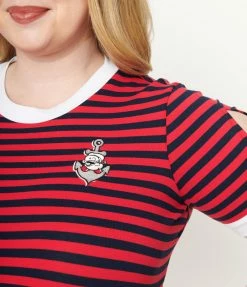 Fan Flair Popeye X Unique Vintage Plus Size Red & Navy Popeye Stripe Flare Dress
