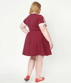 Fan Flair Popeye X Unique Vintage Plus Size Red & Navy Popeye Stripe Flare Dress