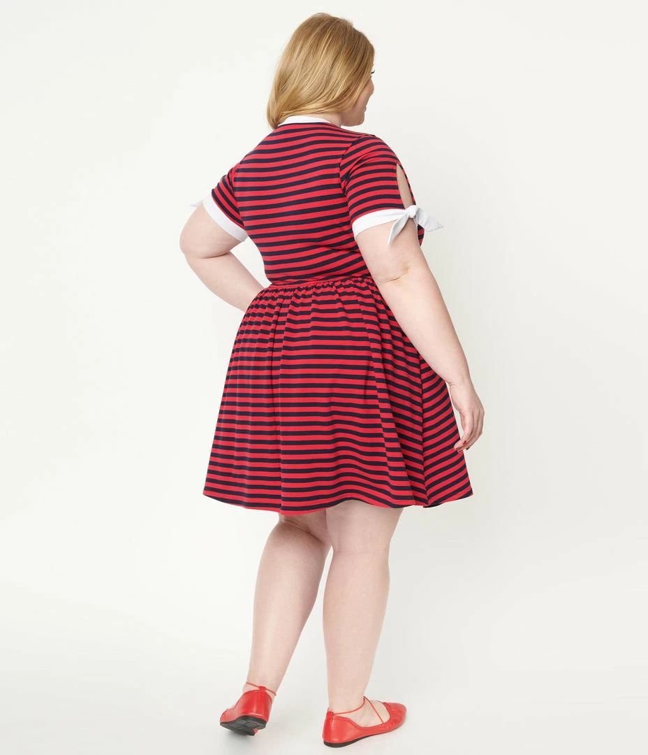 Fan Flair Popeye X Unique Vintage Plus Size Red & Navy Popeye Stripe Flare Dress